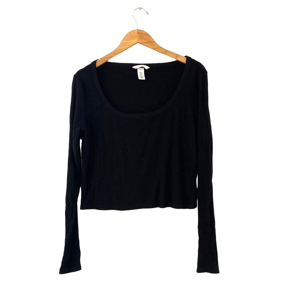 H&M Women's Ribbed Crop Top XL Long Sleeve Scoop Neck Solid Black Basic Stretchy